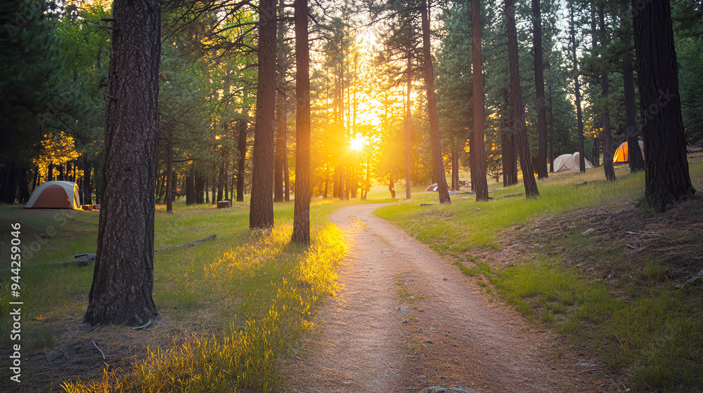 Fototapeta premium Dirt path leading to a campsite in pine forest, rustic and inviting