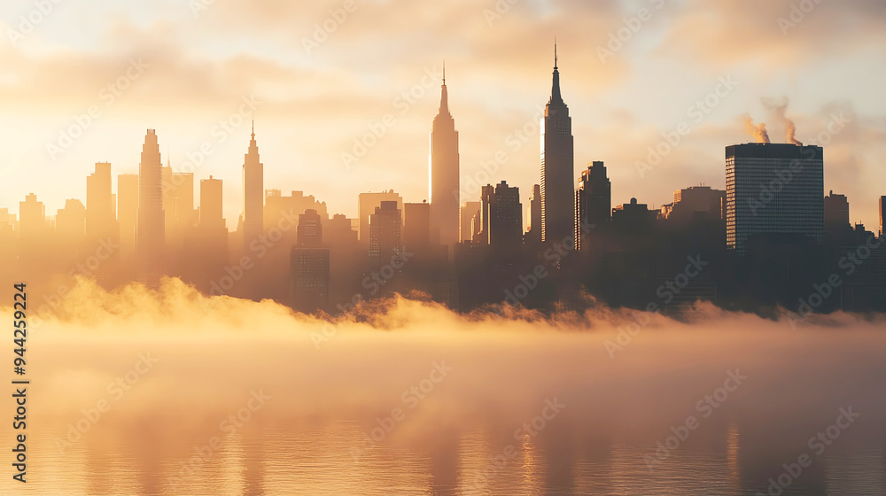 City skyline with morning haze, Monday morning, urban awakening City skyline with morning haze, Monday morning, urban awakening