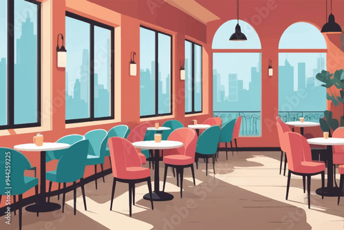Colored cafe interior with chairs and eating tables in row, window. Empty wall