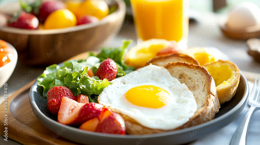Breakfast spread with eggs, toast, and fruit, Monday morning, healthy and delicious Breakfast spread with eggs, toast, and fruit, Monday morning, healthy and delicious