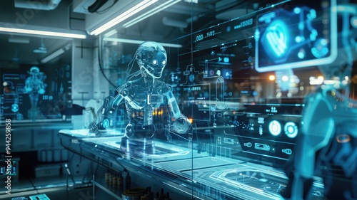 Close-up of futuristic robots in a laboratory, interacting with holographic interfaces