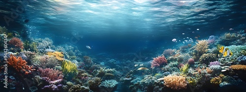 Underwater coral reef with colorful fish and sea life, a vibrant marine landscape. An ocean underwater scene with sunlight filtering through the water