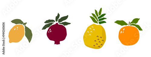 tropical fruits set paper cut style Matisse isolated on white background. lemon, pomegranate, pineapple, orange