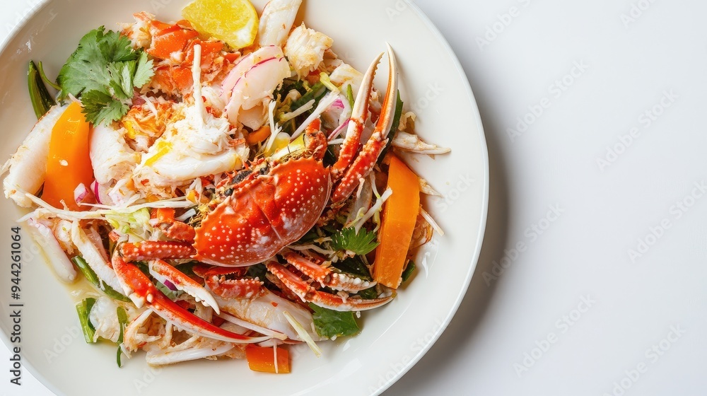 Papaya salad with crab and fermented fish close-up, featuring a mix of bold flavors and textures against a plain white background, no people. Papaya salad with crab and fermented fish close-up, featuring a mix of bold flavors and textures against a plain white background, no people.