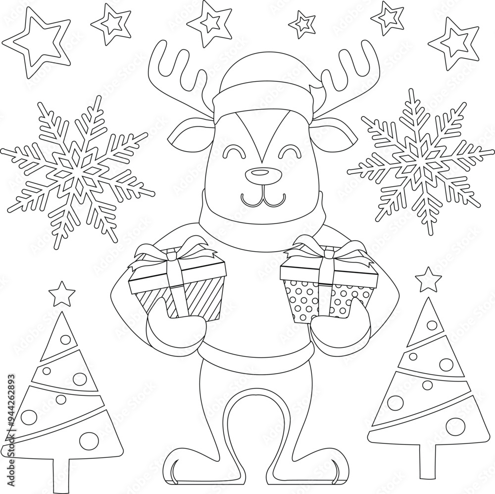 Fototapeta premium Cute Animal celebrate Christmas day coloring pages for kids kdp interior vector
