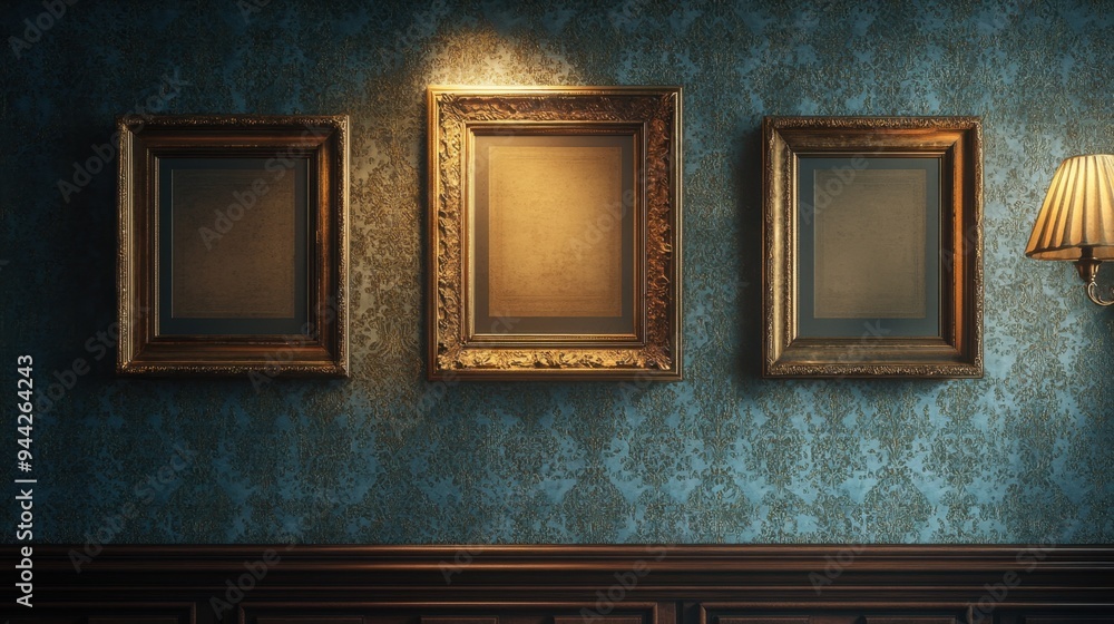 antique ornate frames hang on the wallpapered walls, embodying a vintage interior design concept, ideal for a banner mockup antique ornate frames hang on the wallpapered walls, embodying a vintage interior design concept, ideal for a banner mockup