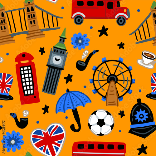 Bright cheerful children seamless vector pattern with symbols of the Great Britain. London. Union Jack, Big Ben, London Bridge, bus. United Kingdom landmarks. Childish travel background