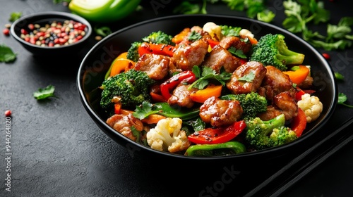 A flavorful and healthy Chinese stir-fry dish featuring tender pork, crisp broccoli, bok choy, and cauliflower, all tossed in a savory sauce. The vibrant colors and contrasting textures make this dish