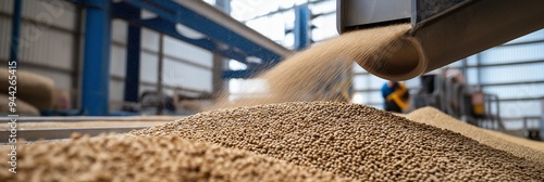 Large grains being processed and sorted in an industrial facility, symbolizing efficiency in food manufacturing. photo