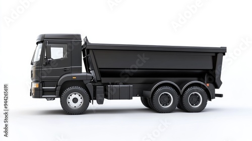 Dump Truck Side View. Black Tipper Truck Isolated on White Background