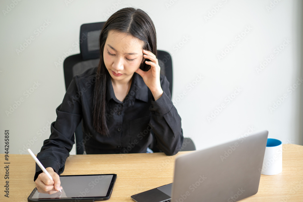 A woman is sitting at a desk with a tablet and a laptop A woman is sitting at a desk with a tablet and a laptop