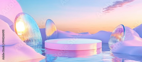 3D rendering of a surreal landscape featuring a round podium on water with vibrant sand The podium stands against an abstract backdrop of glass and mirrored shapes creating a fantastical and futuri photo