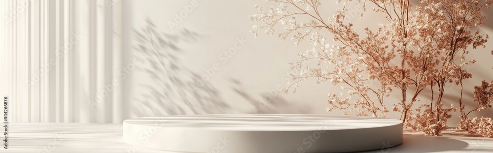 3D rendering of a minimalist display podium set against a seasonal background concept Minimalist pedestal design 3D rendering of a minimalist display podium set against a seasonal background concept Minimalist pedestal design