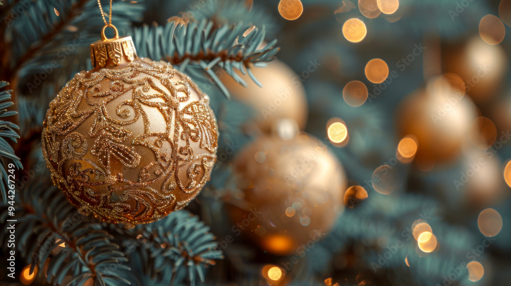 Golden Christmas Ornament on Festive Tree with Sparkling Bokeh Background Golden Christmas Ornament on Festive Tree with Sparkling Bokeh Background