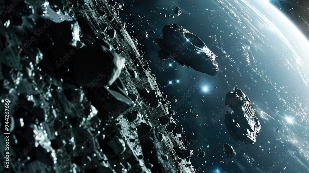 Obraz premium advanced tools used for asteroid mining, with space as the backdrop