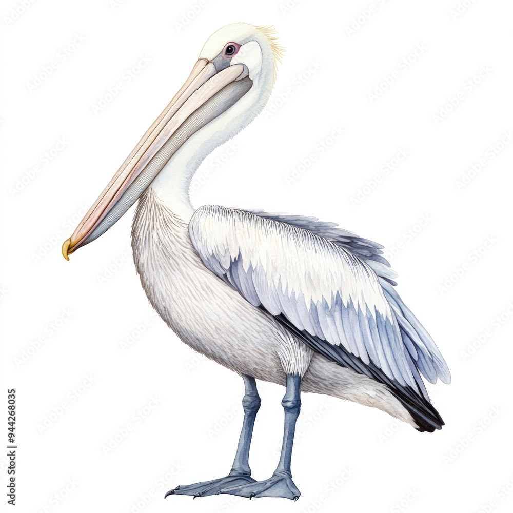 Pelican Hand Drawn. Standing Australian Pelican Bird in Watercolor Illustration Pelican Hand Drawn. Standing Australian Pelican Bird in Watercolor Illustration