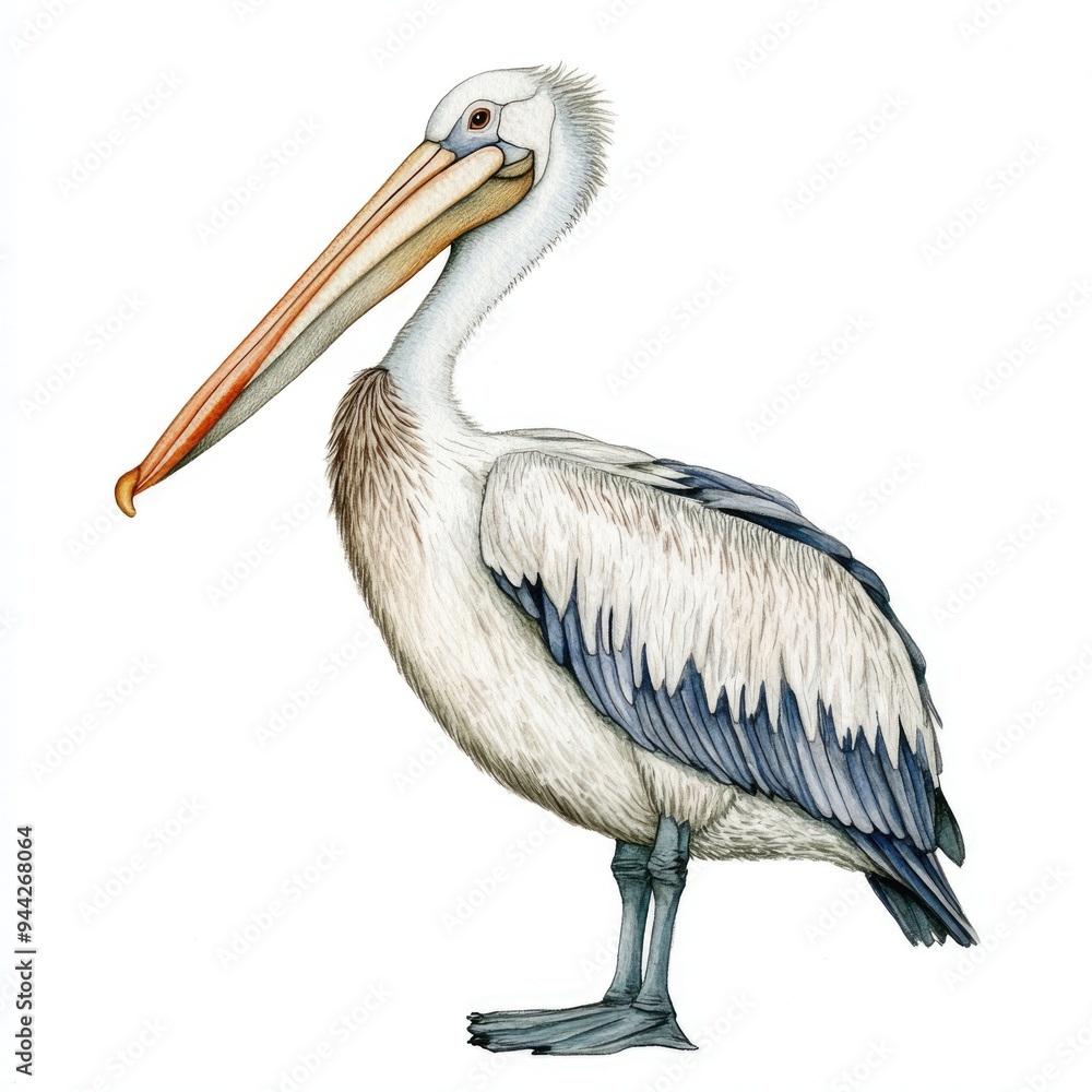 Pelican Hand Drawn. Watercolor Illustration of a Single Pelican Bird Standing by the Water Pelican Hand Drawn. Watercolor Illustration of a Single Pelican Bird Standing by the Water
