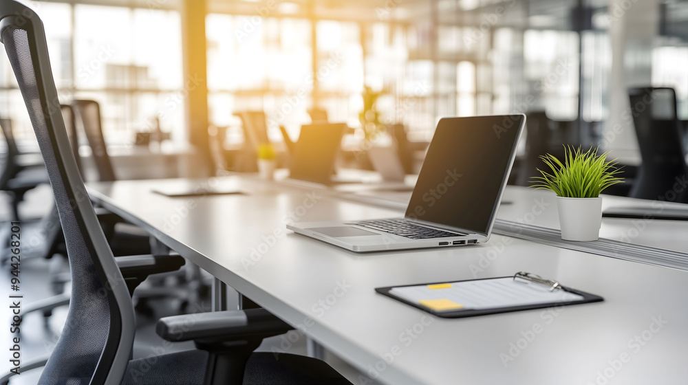 Laptop showing blank screen sitting on desk in modern open plan office Laptop showing blank screen sitting on desk in modern open plan office