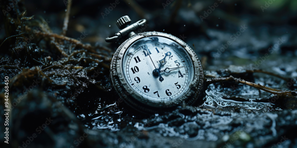Vintage pocket watch, forgotten and left to decay in the mud, serves as a poignant reminder of lost memories and the inevitable fading of what once was.