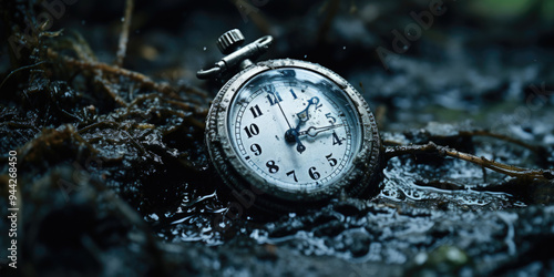 Obraz na płótnie Vintage pocket watch, forgotten and left to decay in the mud, serves as a poignant reminder of lost memories and the inevitable fading of what once was. w salonie