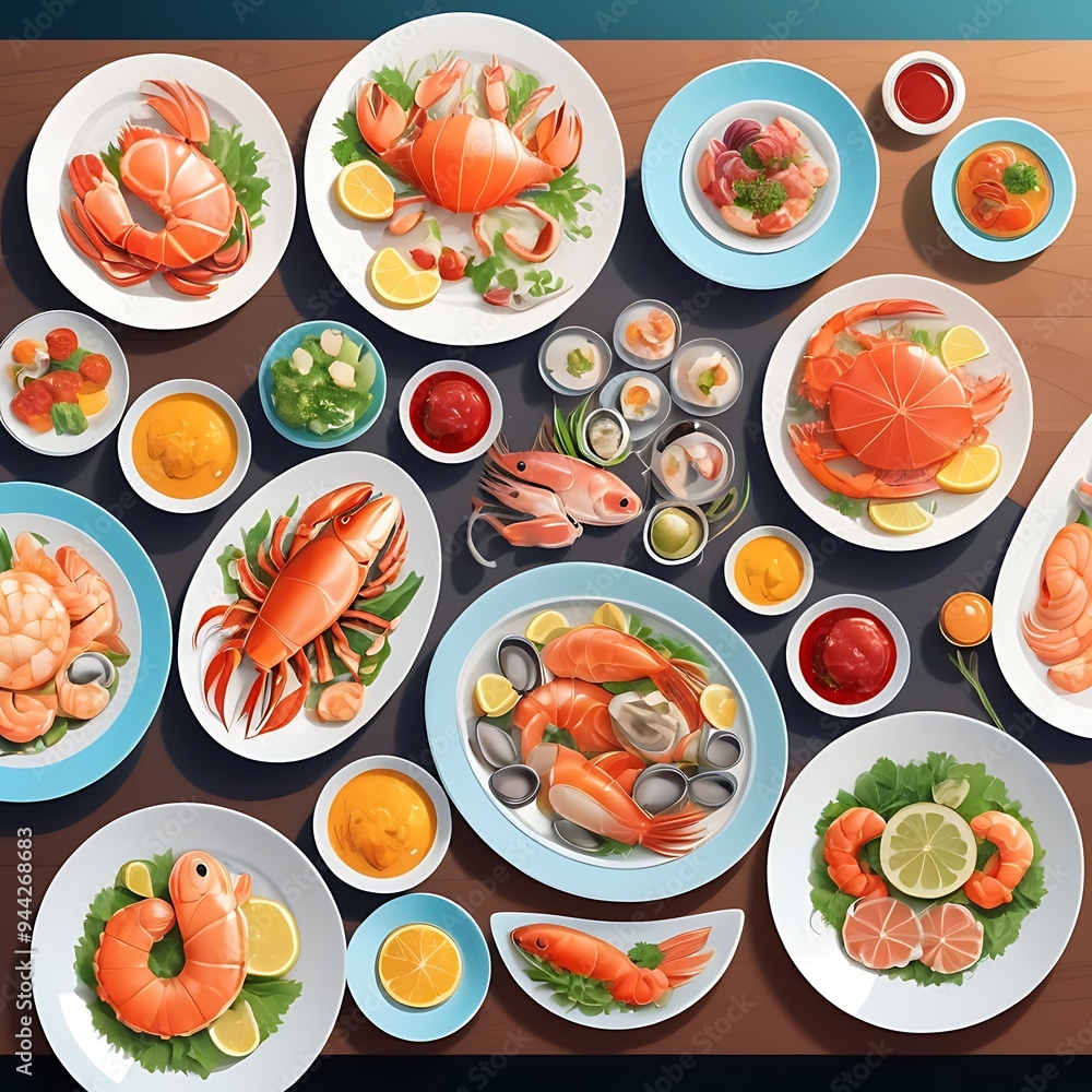 Spicy Korean Ramone with seafood, menu for various seafood dishes, closeup of lobsters and seafood on plate, delicious fresh attractive seafood dishes on the table Spicy Korean Ramone with seafood, menu for various seafood dishes, closeup of lobsters and seafood on plate, delicious fresh attractive seafood dishes on the table