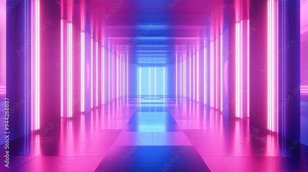3D render featuring a vibrant blue pink and violet neon abstract background with ultraviolet lighting showcasing an empty interior resembling a night club corridor or tunnel adorned with illuminat 3D render featuring a vibrant blue pink and violet neon abstract background with ultraviolet lighting showcasing an empty interior resembling a night club corridor or tunnel adorned with illuminat
