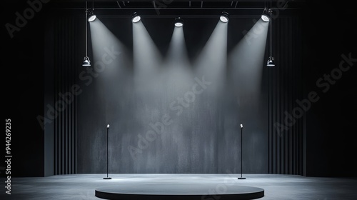 A minimalist contemporary stage design featuring a circular platform illuminated by multiple spotlights. The dark background and the strong beams of light create a dramatic and inviting ambiance, perf photo