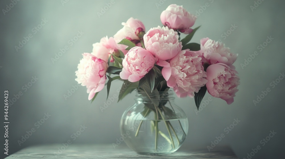 A Delicate Bouquet of Pink Peonies in a Glass Vase A Delicate Bouquet of Pink Peonies in a Glass Vase