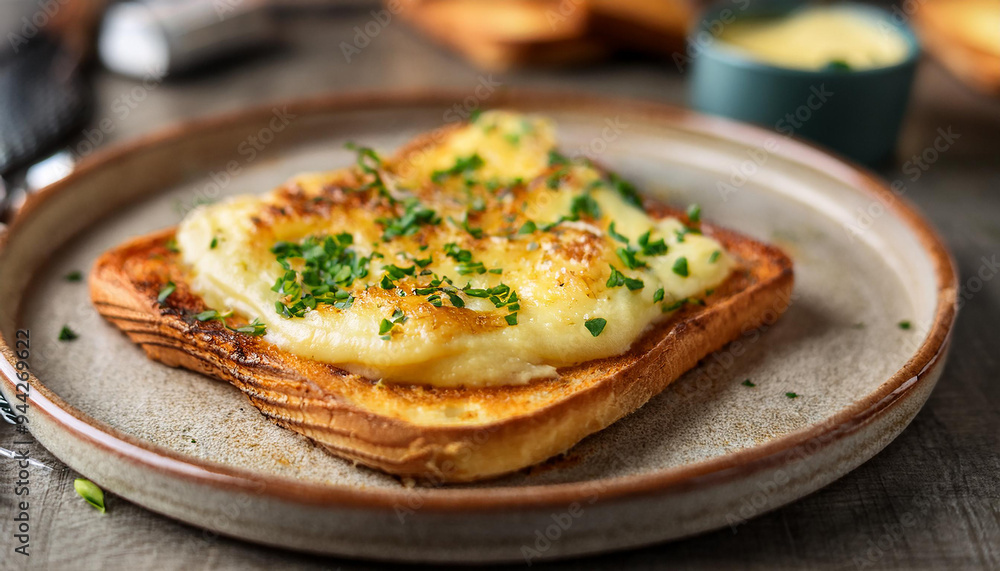 Crispy toast slathered with garlic butter and topped with melted cheese. Tasty food for lunch. Crispy toast slathered with garlic butter and topped with melted cheese. Tasty food for lunch.