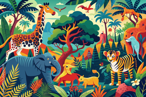 A vibrant and richly detailed artwork featuring a variety of jungle animals, including elephants, zebras, and giraffes, capturing the diversity and beauty of the wild in a modern style
