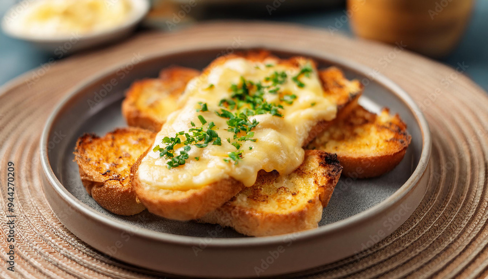 Crispy toast slathered with garlic butter and topped with melted cheese. Tasty food for lunch. Crispy toast slathered with garlic butter and topped with melted cheese. Tasty food for lunch.