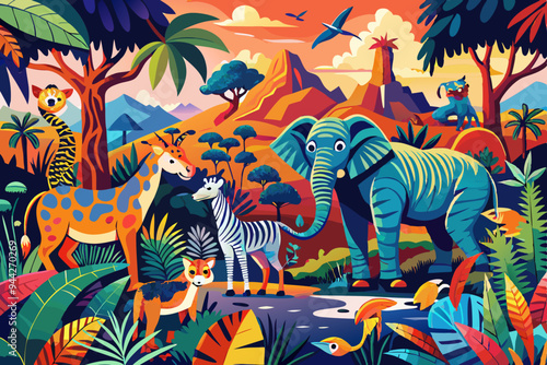 A vibrant and richly detailed artwork featuring a variety of jungle animals, including elephants, zebras, and giraffes, capturing the diversity and beauty of the wild in a modern style
