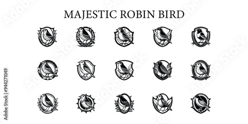 Majestic robin bird set in monochrome emblem graceful vector illustration
