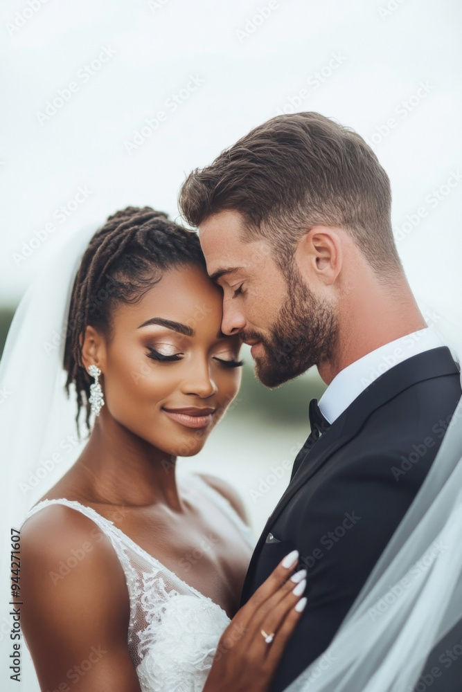 Intimate Moment Between African Bride and Caucasian Groom on Wedding Day Intimate Moment Between African Bride and Caucasian Groom on Wedding Day