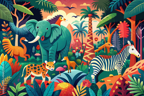 A vibrant and richly detailed artwork featuring a variety of jungle animals, including elephants, zebras, and giraffes, capturing the diversity and beauty of the wild in a modern style
