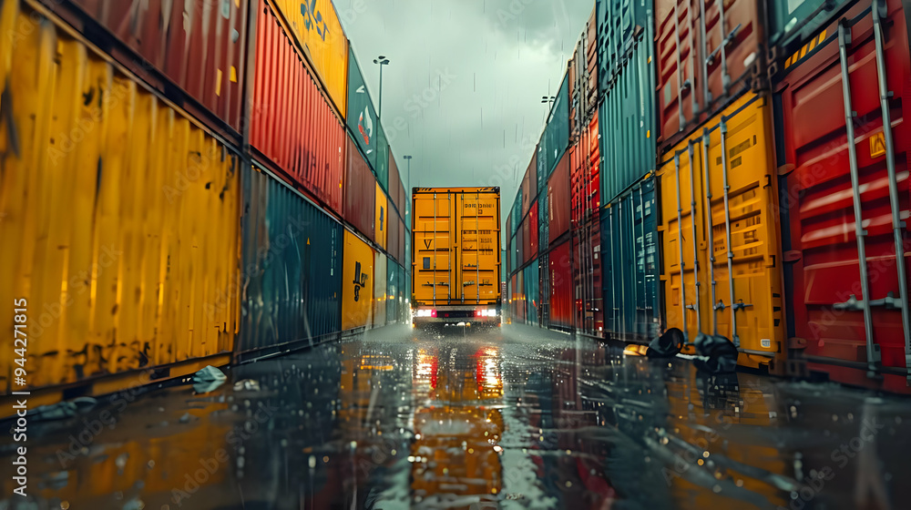 Fototapeta premium Rainy Day at the Shipping Container Yard - Realistic Image