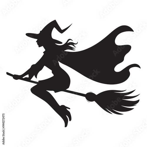 Mythical characters for Halloween, Silhouette witch flies on a magic broomstick
