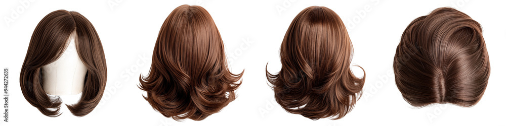 Naklejka premium set of A brown hair wig on a white background, top view on a transparent background