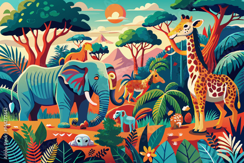 A vibrant and richly detailed artwork featuring a variety of jungle animals, including elephants, zebras, and giraffes, capturing the diversity and beauty of the wild in a modern style
