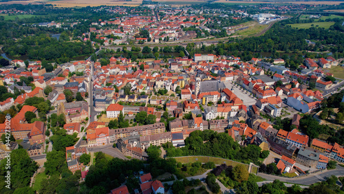  An Aerial panorama around the old town of the city Weissenfels in Burgenlandkreis  on a sunny noon in Germany.