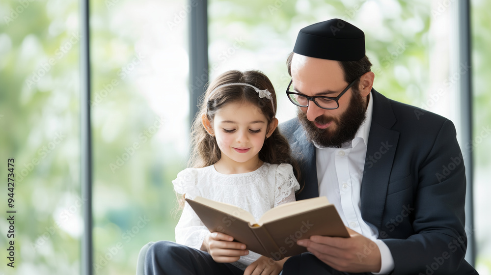 A father and daughter sit together, engaged in reading a book, with the father guiding her through the pages. The man, dressed in a suit and wearing a kippah, and his daughter shar A father and daughter sit together, engaged in reading a book, with the father guiding her through the pages. The man, dressed in a suit and wearing a kippah, and his daughter shar