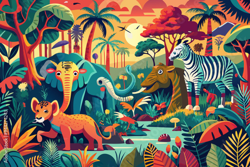A vibrant and richly detailed artwork featuring a variety of jungle animals, including elephants, zebras, and giraffes, capturing the diversity and beauty of the wild in a modern style
