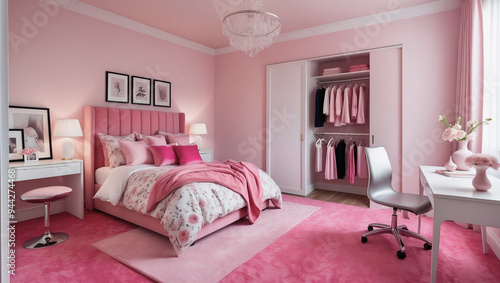 The interior of a pink bedroom for a girl.