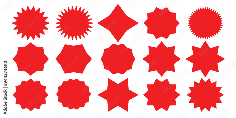 Set sunburst badges. Set of vector starburst, sunburst badges. Simple flat style vintage labels, stickers. Collection star label. Different starburst Set sunburst badges. Set of vector starburst, sunburst badges. Simple flat style vintage labels, stickers. Collection star label. Different starburst