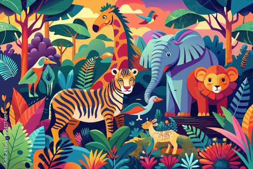 A vibrant and richly detailed artwork featuring a variety of jungle animals, including elephants, zebras, and giraffes, capturing the diversity and beauty of the wild in a modern style
