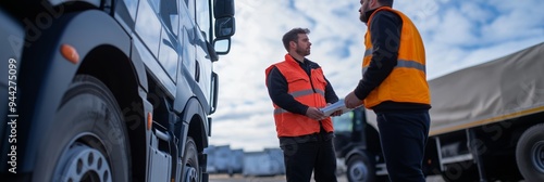 Two truck drivers in safety vests and boots discussing logistics plans amidst trucks and trailers at a distribution site. photo