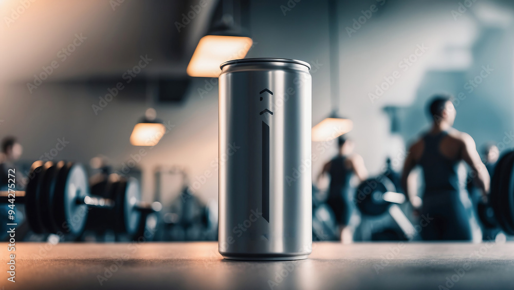 people working in a gym A can of vegetable protein on a blurred gym background. people working in a gym A can of vegetable protein on a blurred gym background.