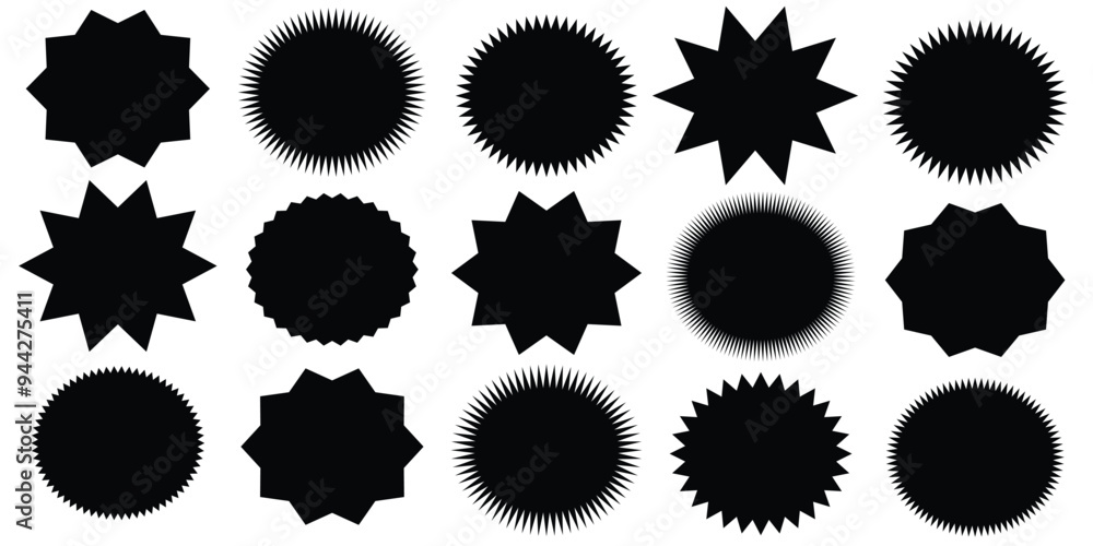 Set sunburst badges. Set of vector starburst, sunburst badges. Simple flat style vintage labels, stickers. Collection star label. Different starburst Set sunburst badges. Set of vector starburst, sunburst badges. Simple flat style vintage labels, stickers. Collection star label. Different starburst