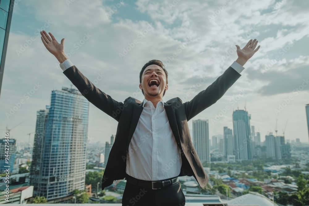 Shout The Rooftop. Asian Businessman Raising Hand in Success on Jakarta Rooftop Shout The Rooftop. Asian Businessman Raising Hand in Success on Jakarta Rooftop