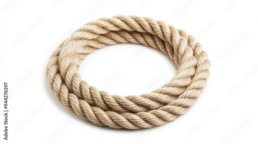 Thin Rope Circle. Beige Waved Rope Loop on Isolated White Background Thin Rope Circle. Beige Waved Rope Loop on Isolated White Background